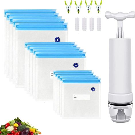 Set de 15 sacs de mise sous vide pour aliments avec pompe manuelle, double fermeture éclair, pour conservation et cuisine (1/5)