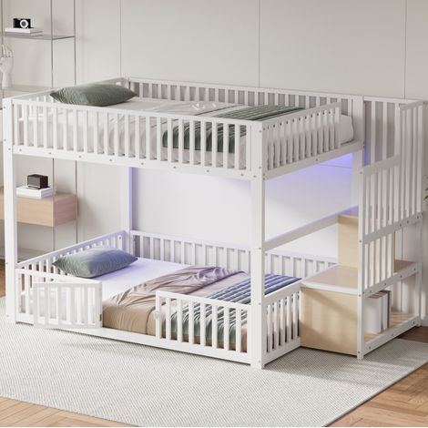 DESVIAE Lit superposé bas 140 x 200 avec échelle de rangement tête de lit LED barrières de sécurité porte d accès métal et MDF blanc pour chambre enfant chambre d amis et dortoir (1/5)