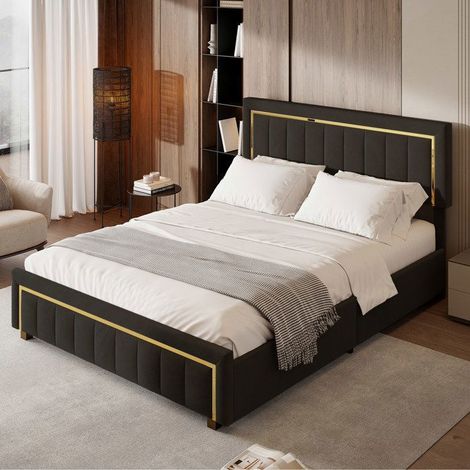 Letto 140x200 in velluto nero con bordure placcate oro, testiera e rete a doghe - 2 posti