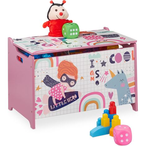 Relaxdays Cassapanca Organizer, Portagiochi per la Cameretta, Design Super Girl, MDF, HxLxP: 39x60x36,5 cm, Rosa/Bianco (1/5)