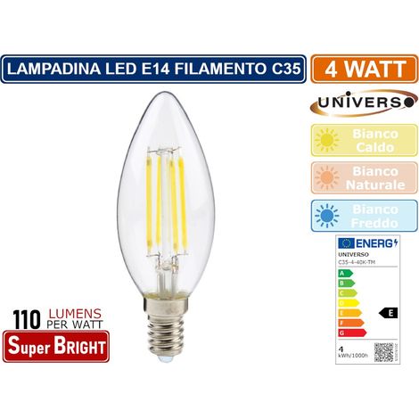 UNIVERSO C35-T LAMPADINA LED E14 4W CANDELA C35 FILAMENT VETRO TRASPARENTE 3000K 4000K 6500K - Colore Luce:Bianco Caldo (1/2)