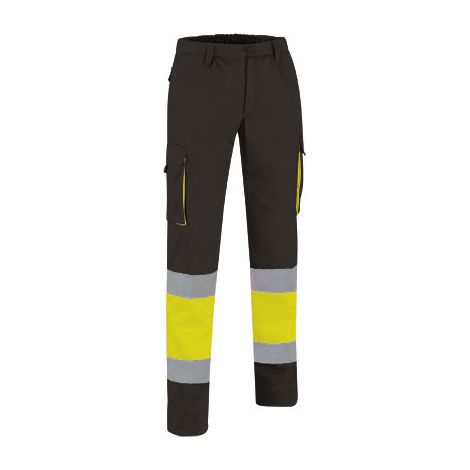 Pantalón de Alta Visibilidad multibolsillos bicolor con cintura elástica y cintas reflectantes EN 20471 de sarga FACTORY M Amarillo flúor / Negro