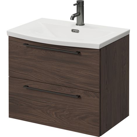 Napoli 390 Brown Oak 600mm Wall Mounted 2 Drawer Vanity Unit with Arc Basin - 600mm - Gunmetal Grey 320mm Handle