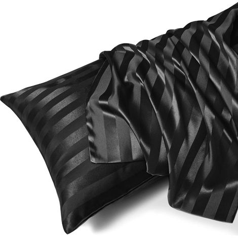Filiyano – oreiller rayées en satin – (Noir) 1 paire de taies d'oreiller rayées en satin 51 x 76 cm pour les cheveux et la peau, lot de 2 taies (1/5)