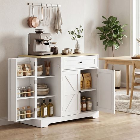 Buffet, meuble de cuisine de style campagnard avec portes coulissantes, 1 tiroir, 2 étagères réglables, étagères de porte