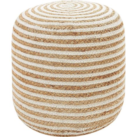 Pouf rotondo beige in iuta intrecciata con strisce bianche 40 x 40 cm Resafa