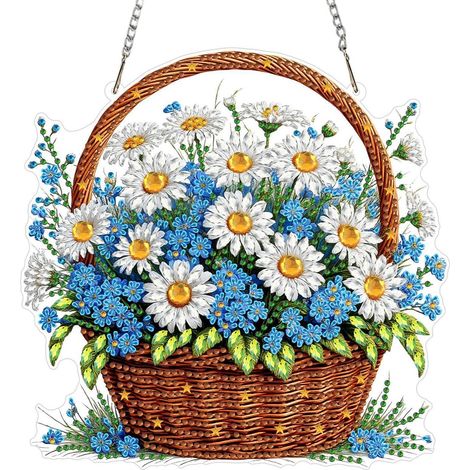 5D Diamantmalerei Anhänger Blumenkorb mit Kette, Fensterbild Bastelset für Erwachsene