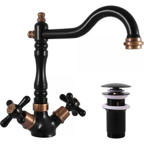 Mélangeur lavabo MORAVA RETRO pivotant en laiton noir mat avec pop up (1/5)