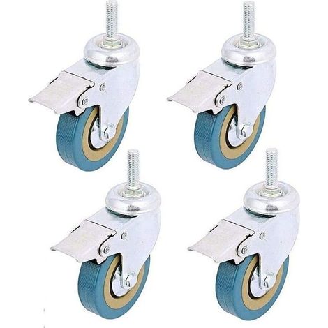 pack, Verrouillage 3" Mont tige filetée Roulette pivotante Rotation Non marquant Roue à roulettes en polyuréthane et Frein pour chariots, meubles, établi (Tige filetée: 12 X 30mm) (1/4)