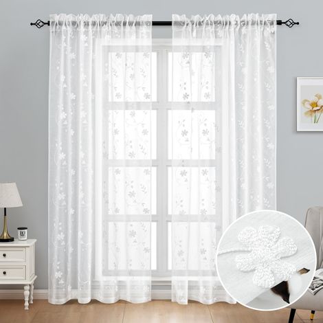 Two-Piece Embroidered Tulle Curtains, Rod Pocket Tulle Curtains for Home, Embroidered Tulle Curtains, 132 x 213 cm, White