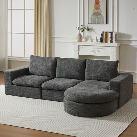Divano modulare chaise longue in chenille grigio, poggiatesta, cuscini doppi, senza montaggio (1/5)