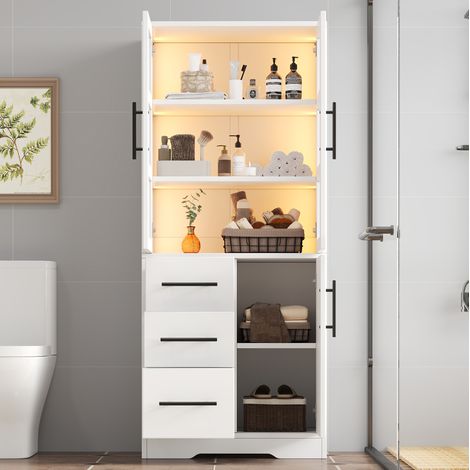 Meuble de salle de bain moderne blanc en MDF et verre 72x35x170 cm avec LED, 3 tiroirs, 2 portes vitrées et étagères réglables (1/5)