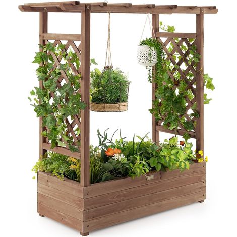 COSTWAY Jardinière avec 2 Treillis Latéraux Toit Suspendu en Bois de Sapin avec Trou de Drainage, Lit de Jardin pour Plante Grimpante Résistance aux Intempéries, Brun (110 x 44 x 113,5 cm) (1/5)