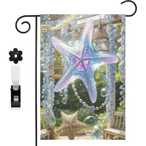Drapeau de jardin bienvenue 30 x 45 cm motif étoile de mer et sable doré toile double face extérieure (1/5)
