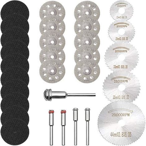 Mini Lames de Scie et de Coupe pour Outil Rotatif (Arbre 3mm) - Lot de 30 - pour Bois, Métal, Pierre et Résine - Diamant et HSS (1/3)