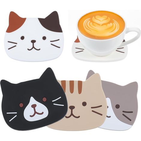 Dessous de verre JeiibrZui Chat Mignon - 4 dessous de verre en silicone - Résistants à la chaleur jusqu'à 250 °C - Antidérapants - Idéaux pour la cuisine et le bureau - Protection pour vos meubles (1/5)