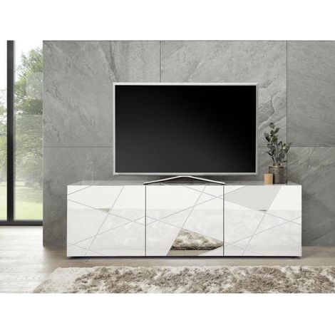 Vente-Unique – Meuble TV blanc laqué brillant – Sérigraphie miroir – L181 x P43 x H57 cm – Design épuré pour salon moderne (1/5)