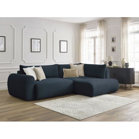 BOBOCHIC - Canapé d'angle L convertible coffre LUCIEN gros côtelé doux Angle droit  Bleu foncé (1/5)