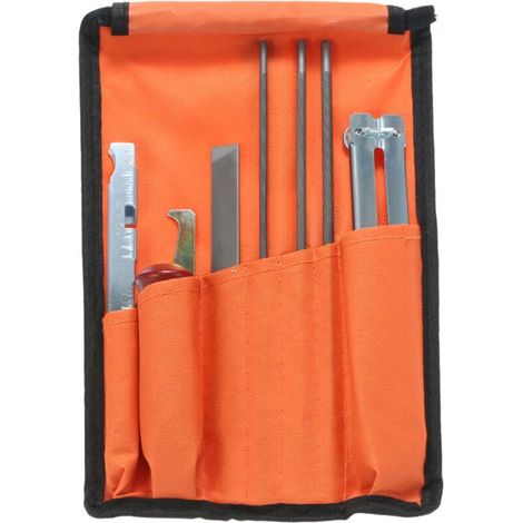 Kit d'affûtage de chaîne de tronçonneuse comprenant : limes de 5/32, 3/16 et 7/32 pouces, manche en bois, jauge de profondeur et pochette à outils pour l'affûtage et le limage de toutes les lames de t (1/5)
