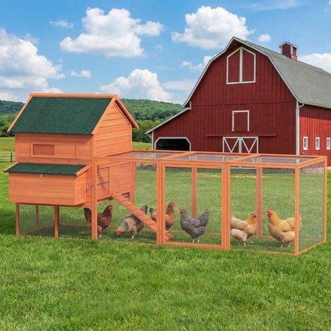 Gallinero de Madera Grande Exterior con 2 Nidos Corral Techo Asfáltico Bandeja Extraíble y Rampa 347x160x150 cm Naranja