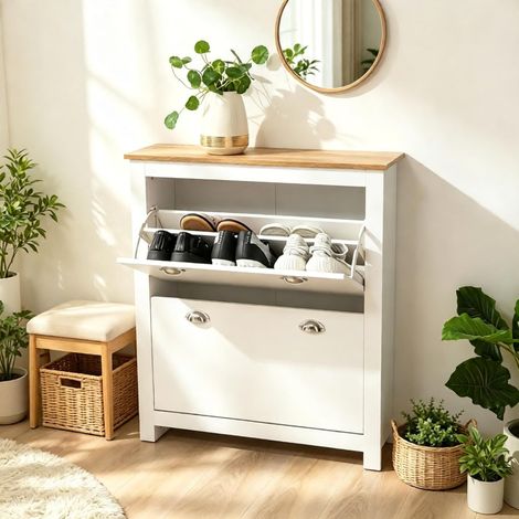 Scarpiera 79x23x90.5 cm, a 2 ante ribaltabili, ripiani regolabili, MDF, rovere e bianco (1/5)
