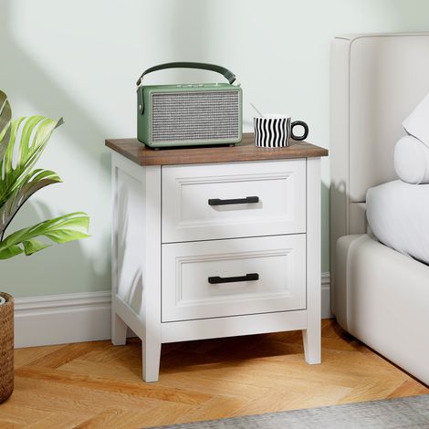 Table de chevet. table de nuit avec 2 tiroirs. plateau effet bois. style rustique. pour chambre à coucher. salon. blanc (1/5)