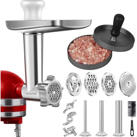 Accessoires métalliques pour hachoir à viande compatibles avec les robots culinaires KitchenAid : 3 cornes à saucisses et leurs supports, 4 grilles de hachage, etc. (1/5)