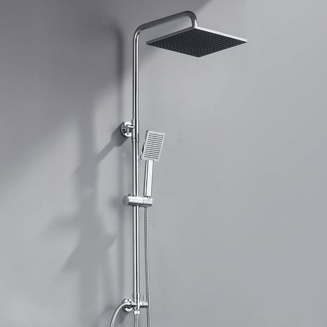 Colonne de Douche sans Mitigeur Chromé Mat en Laiton, Colonne Télescopique 65-110cm avec Tête de Douche Carré Pluie 10", Douchette à Main Réglable, Kit pour Baignoire et Salle de Bain (1/5)