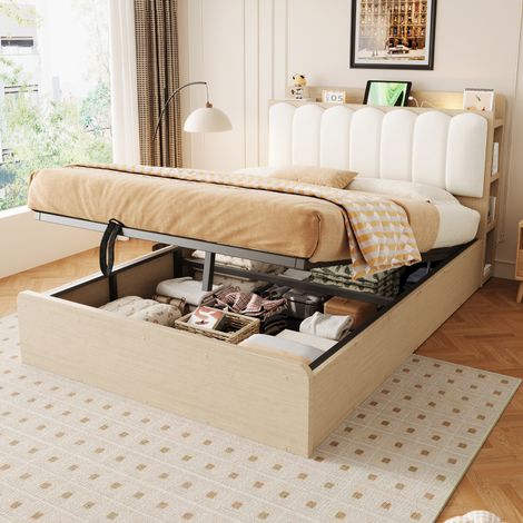 Lit plat en bois 140 × 200 cm, sommier hydraulique avec espace de rangement, tête de lit rembourrée, tête de lit avec étagère et compartiment de rangement, port USB pour veilleuse, coloris bois (1/4)