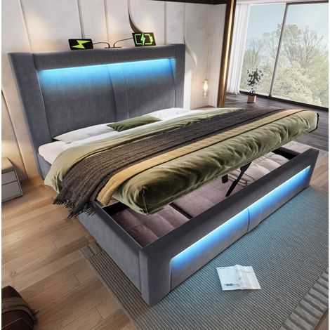 Bett mit Stauraum 180x200 cm, Samt Grau, mit LED-Beleuchtung, USB- und Type-C-Anschlüssen, inklusive Lattenrost (1/5)
