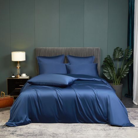 Parure de lit en bambou 155 x 220 cm - Bleu foncé uni - En fibre de bambou - Respirant - Pour lit double - Avec housse de couette et 2 taies d'oreiller de 80 x 80 cm - Avec fermeture éclair (1/5)