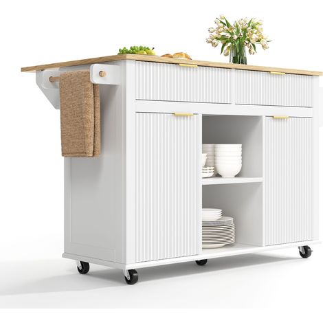 Îlot de cuisine, pliable, mobile sur roulettes, rangement intégré, 143 x 45 x 89,5 cm, MDF, bois naturel (1/5)