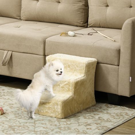Escalera para mascotas 46x35x35 cm de contrachapado beige, 3 peldaños, para cama y sofá – MEUBLIV (1/5)
