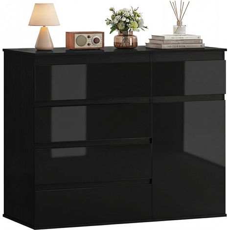 Buffet Meuble de Rangement Noir Brillant avec 5 Tiroirs et Porte Soft-Close Commode pour Chambre Salon (1/5)