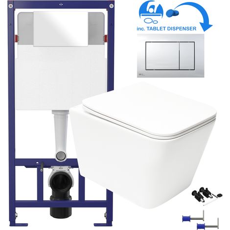 White Square Rimless Wall Hung Toilet & 1.12m Concealed WC Cistern Frame Set - Gloss Chrome Square Plate