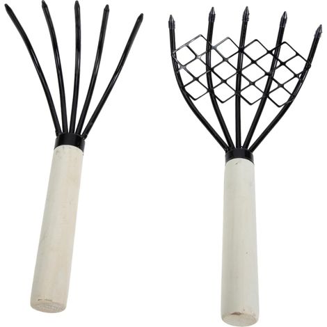 Ensemble de 2 Râteaux à Main à 5 Dents en Bois et Fer Poignée Confortable pour Creuser Le Sable, Chasse Jardinage (1/5)