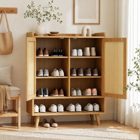 Meuble à chaussures 80x35x105 cm en bois et rotin, gain de place pour entrée FloraGrace (1/5)