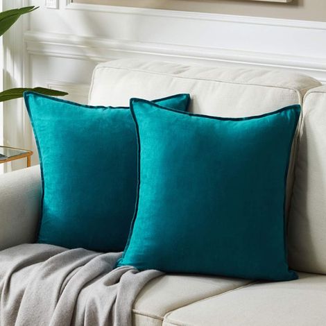 BEBUSINGOTO Juego de 2 fundas de cojín decorativas de piel sintética premium en color liso para sofá o dormitorio (45,7 x 45,7 cm, verde azulado) (1/5)