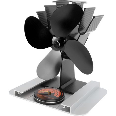 Ventilateur de poêle à 4 pales à combustion intégrée avec thermomètre et écran thermique, en alliage d'aluminium, silencieux, pour poêle à bois, noir. (1/5)
