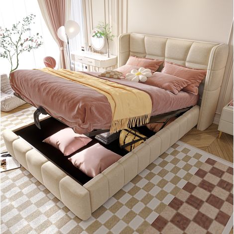 Lit coffre enfant en tissu beige 90x200 cm, cadre métal avec rangement relevable (1/5)