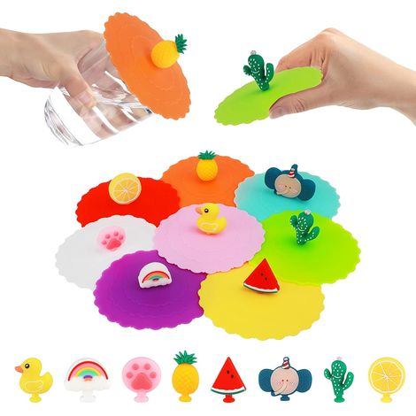 Lot de 10 couvercles de tasse en silicone mignons, hermétiques et créatifs, à motifs d'animaux, colorés, anti-poussière, réutilisables, pour boissons (café, thé) (10 cm) (1/5)
