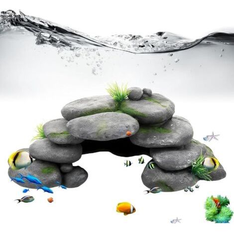 Grotte d'aquarium : grotte décorative d'aquarium avec herbe verte, grotte rocheuse Rock Cave Décoration Pierres, tortues Accessoires pour reptiles, cachette en résine haute montagne, pour (1/3)