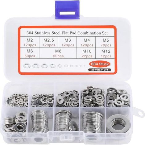 BASVII 684 Pièces Inox Rondelles Plates Metal, pour Gonds de Porte, 9 Tailles Rondelles Acier Inoxydabl 304 - M2 M2.5 M3 M4 M5 M6 M8 M10 M12 Rondelle Carrossier Inox (1/4)