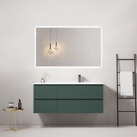 Mobile bagno sospeso cannettato 120 cm Verde Comodoro Lavabo a Destra in Ceramica Specchio Quadro Retroilluminato - Fiji Paint (1/4)