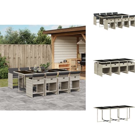 9-tlg. Garten-Essgruppe mit Kissen Hellgrau Poly Rattan - Gartengestell - Gartenmöbel Set - Outdoor Möbel - Terrassenmöbel - Esstisch (1/5)