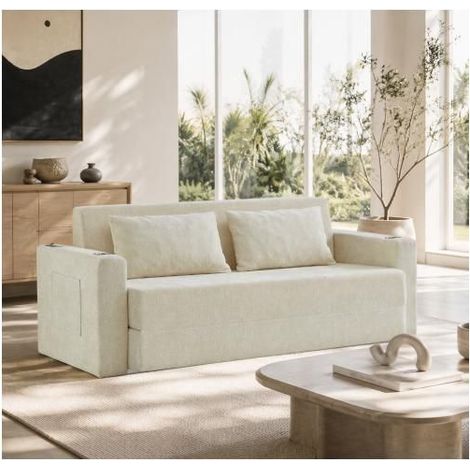 Canapé Modulable 153x77x65cm Tissu Chenille Beige - Canapé Composable - Lit 2 en 1, Port USB, Porte-gobelets, 2 Coussins (1/5)