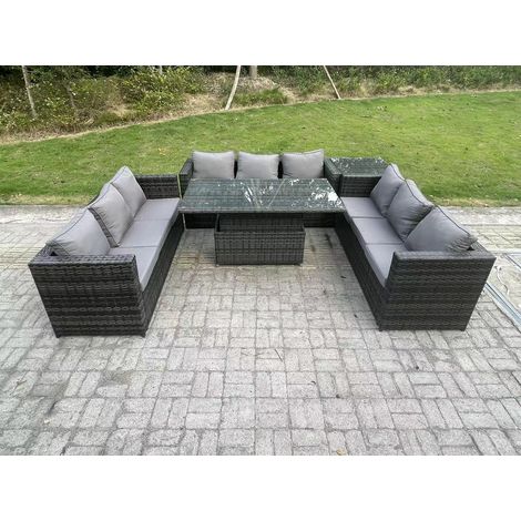 Fimous 9 Seater Outdoor Rattan Garden Furniture Sofa Set Patio Adjustable Rising Lifting Dining Table Set with Side Table Dark Grey Mixed (1/5)