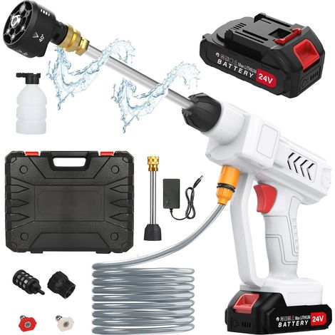 Nettoyeur Haute Pression sans Fil 18 Bar, 2 Batteries, Buse 6 en 1 tuyau 5M, rechargeable, pour voiture/jardin/terrasse, portable, blanc (1/5)