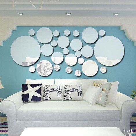 Miroir autocollant mural 15 cm 26 cercles, matrice de points 3D ronde salon chambre TV fond décoration murale miroir autocollant argent (1/4)