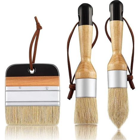 Set mit 3 ovalen Borstenpinseln für Kreide und Wachs, Acrylmalerei, Holzmöbel und Wohnaccessoires. Enthält einen flachen, spitz zulaufenden und einen runden (schwarzen) Pinsel. (1/4)